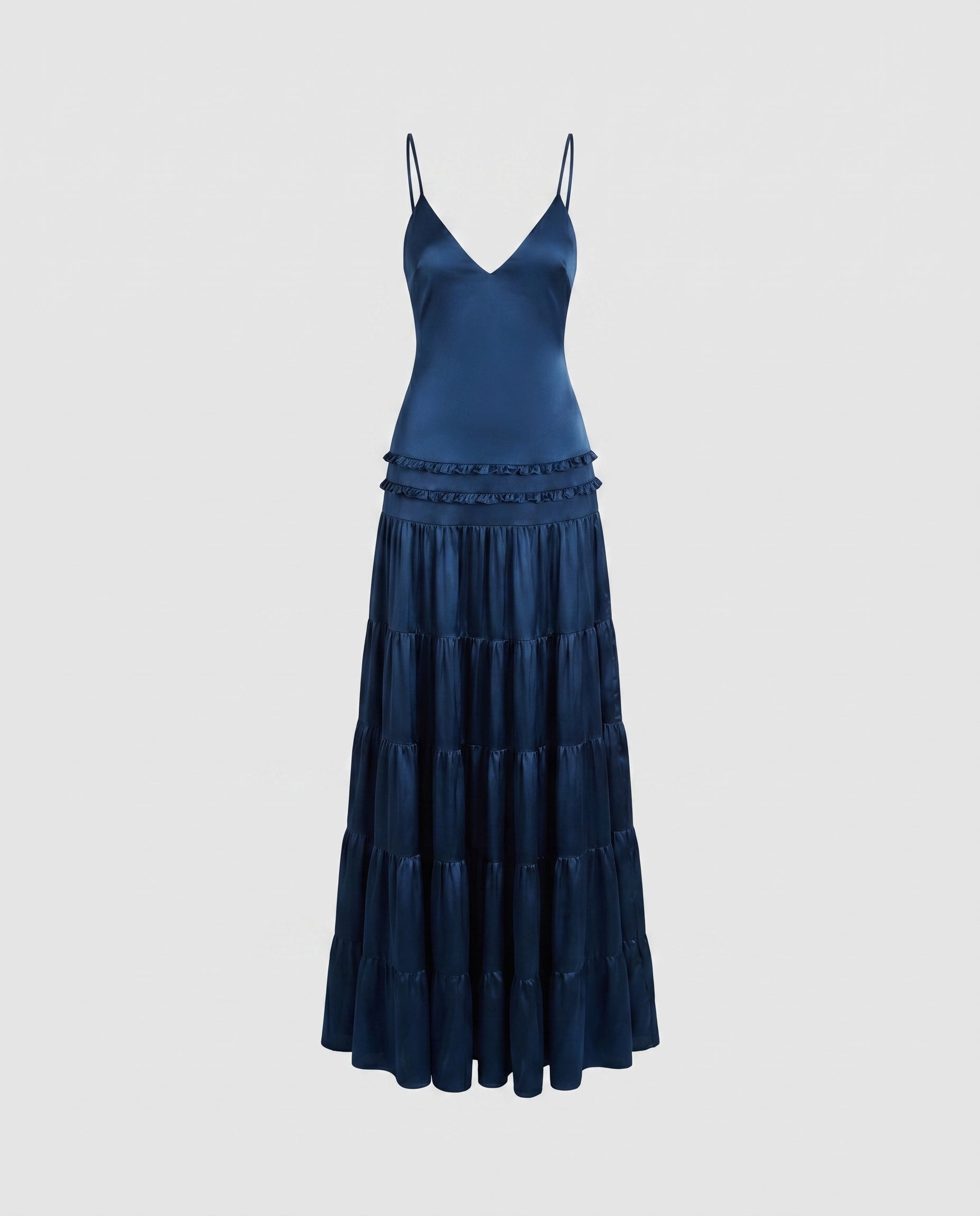 Women's Maxi Dress with Strapless V-neck and Flowing Ruffle Frills - Dark Blue colorway