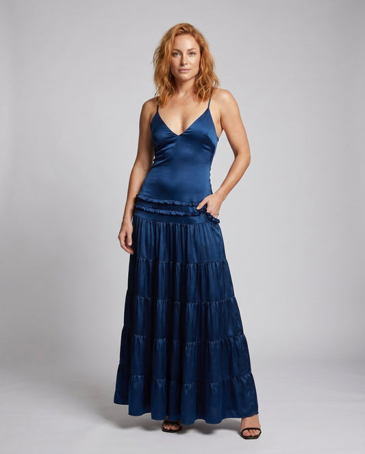 Women's Maxi Dress with Strapless V-neck and Flowing Ruffle Frills - front view