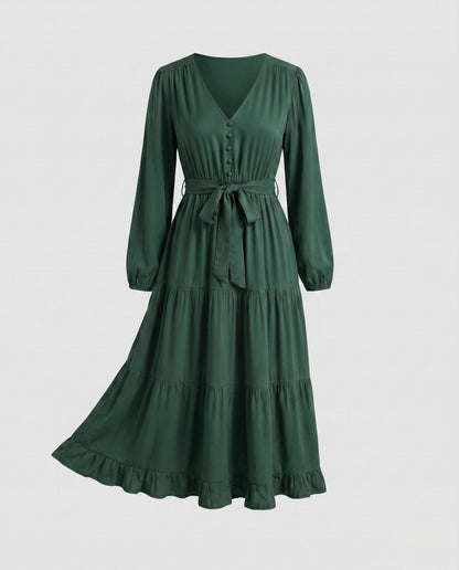 Women's maxi dress with tailored cut and elegant ruffle decoration - Chichicherry