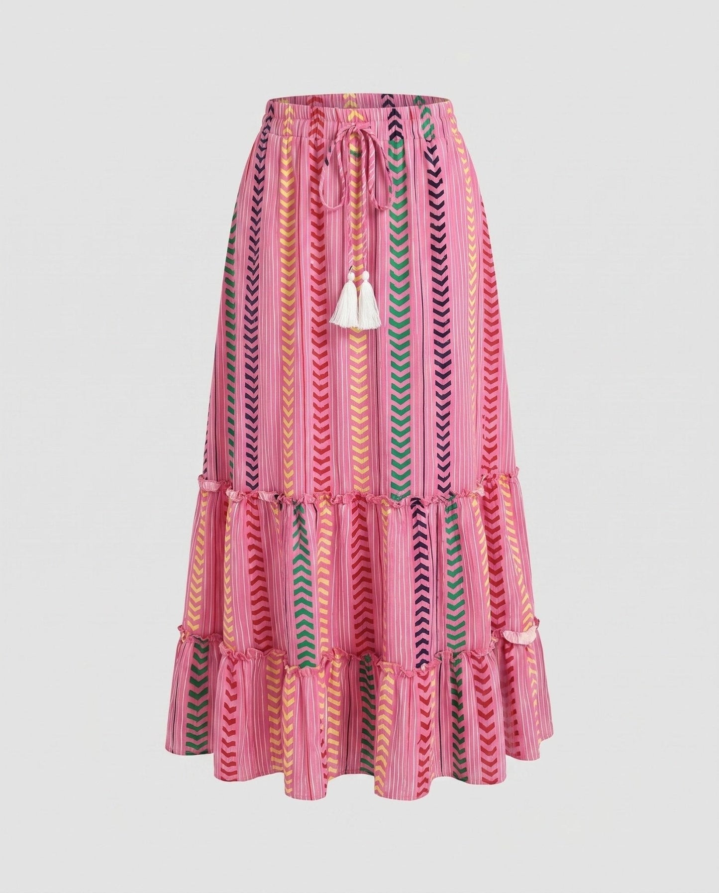 Women's maxi skirt with colorful boho pattern and playful ruffles - Chichicherry