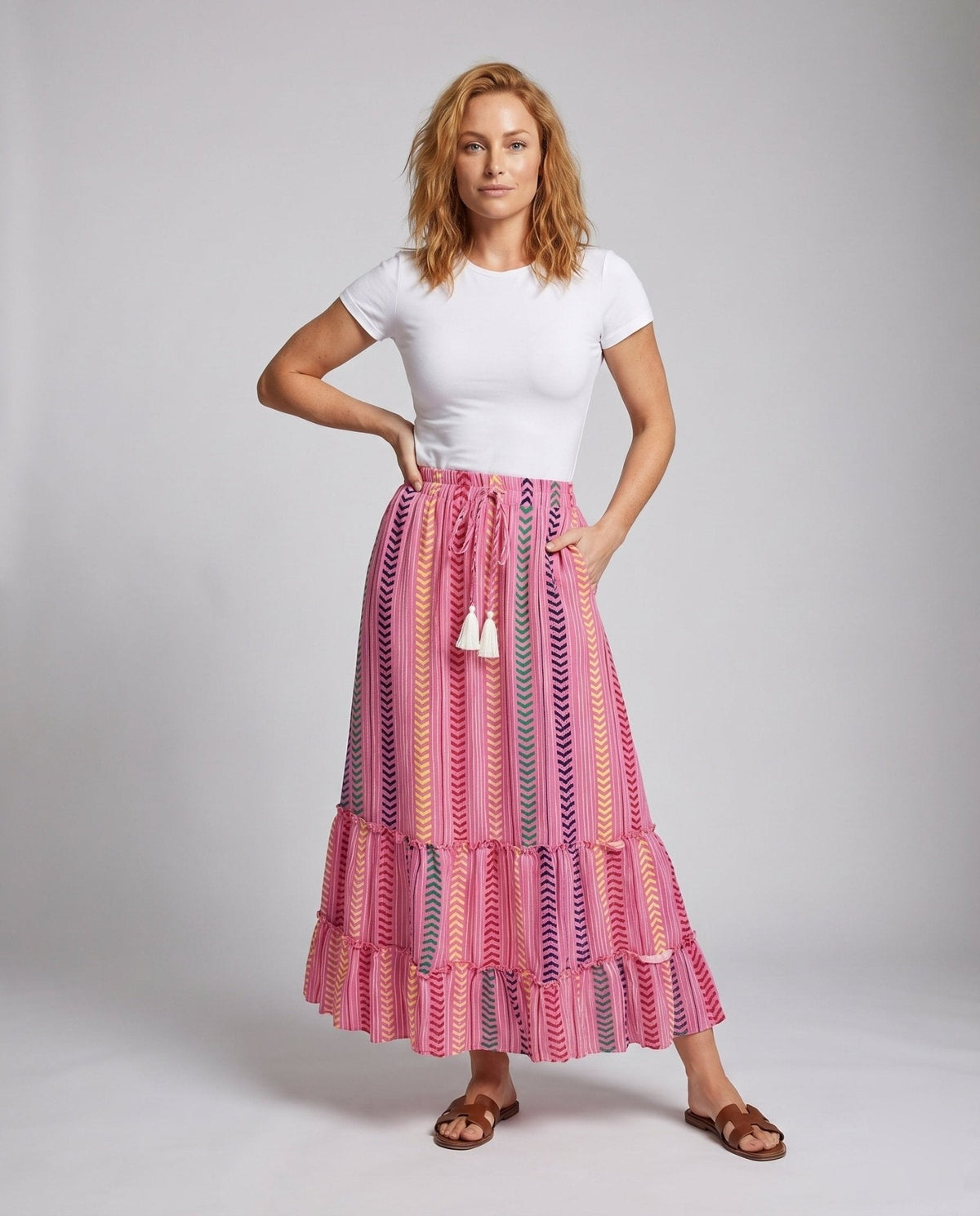 Women's maxi skirt with colorful boho pattern and playful ruffles - Chichicherry