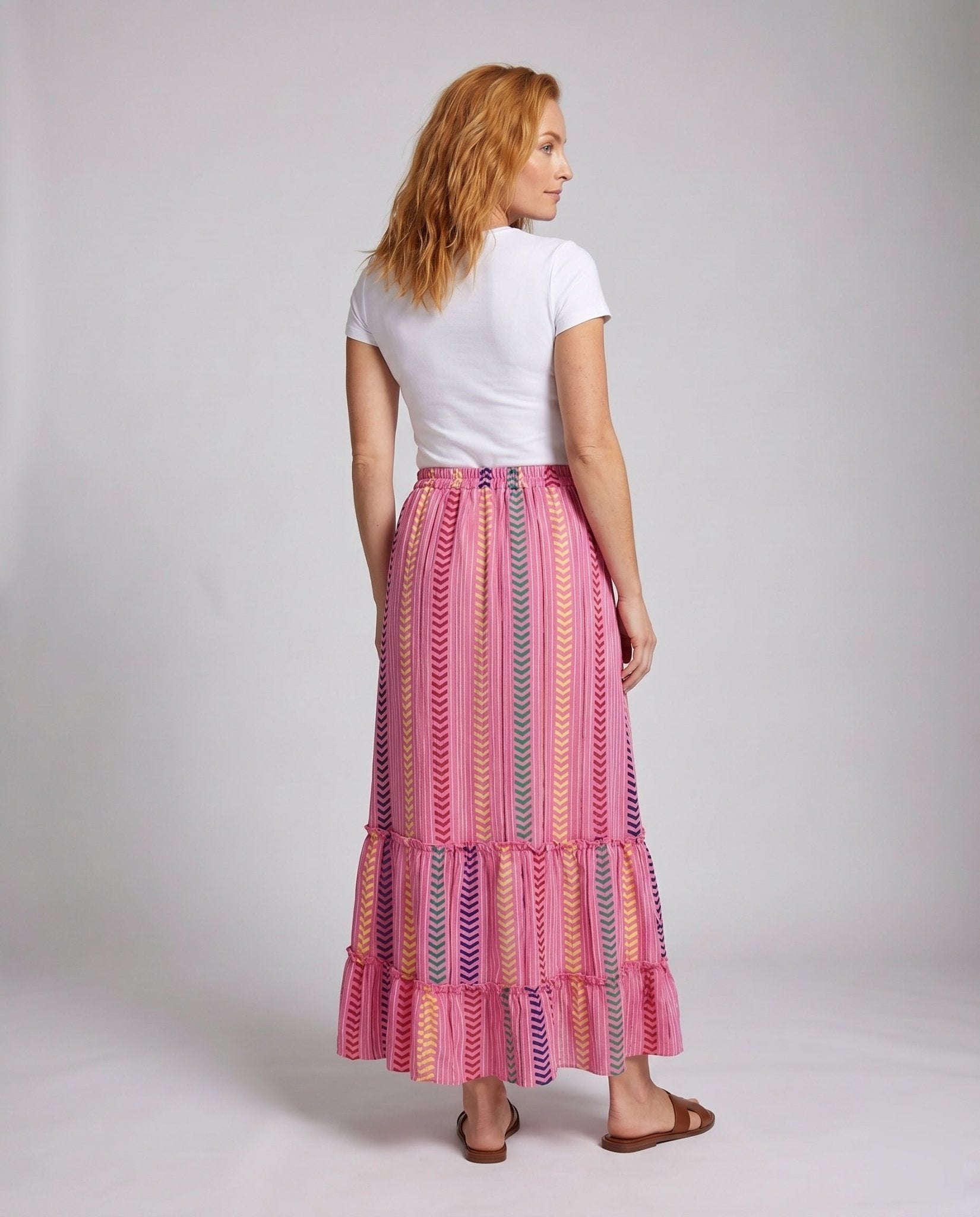 Women's maxi skirt with colorful boho pattern and playful ruffles - Chichicherry