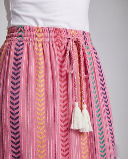 Women's maxi skirt with colorful boho pattern and playful ruffles - Chichicherry
