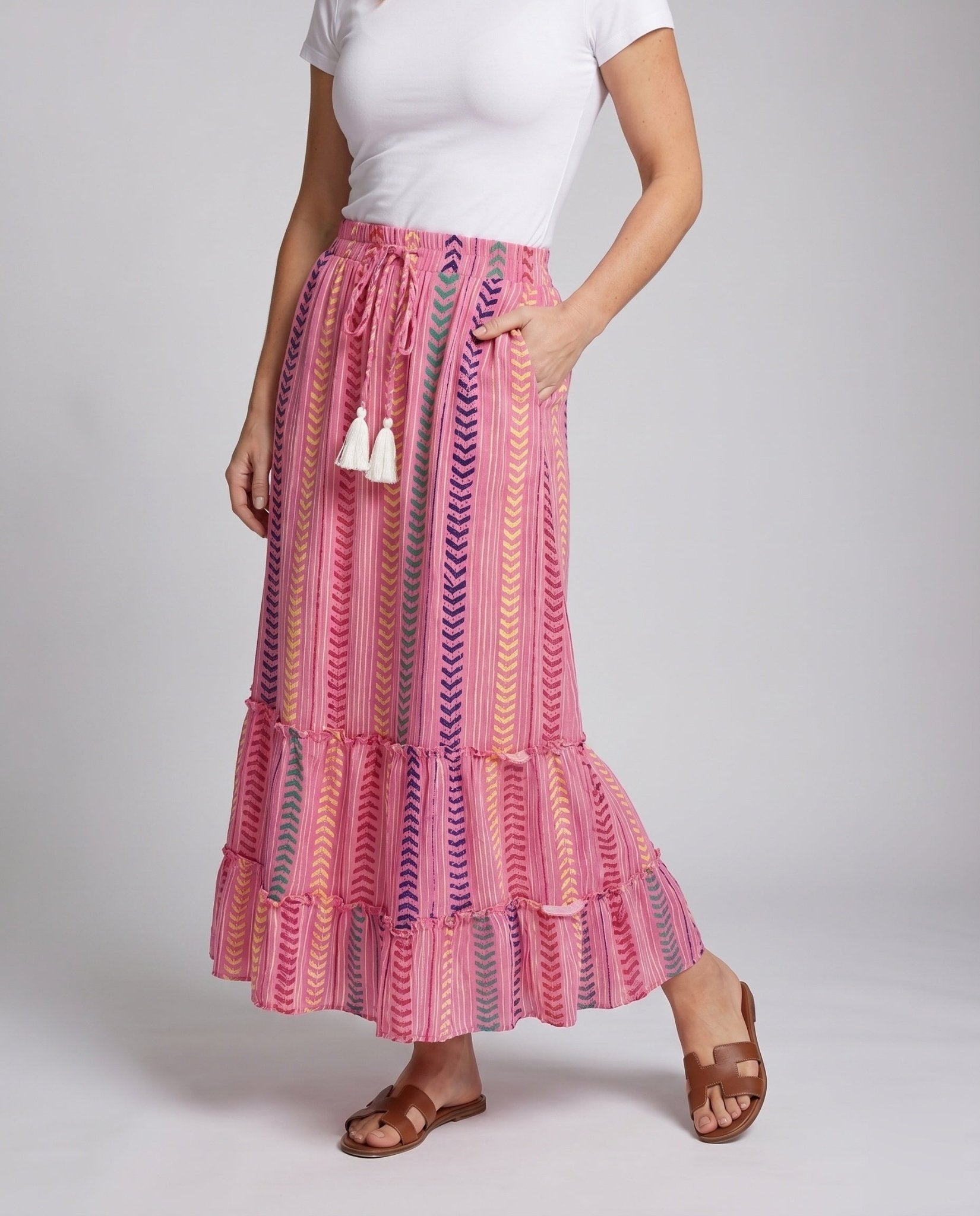 Women's maxi skirt with colorful boho pattern and playful ruffles - Chichicherry