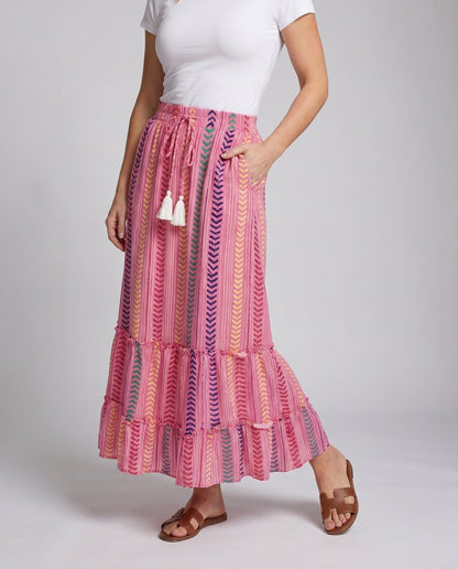 Women's maxi skirt with colorful boho pattern and playful ruffles - Chichicherry