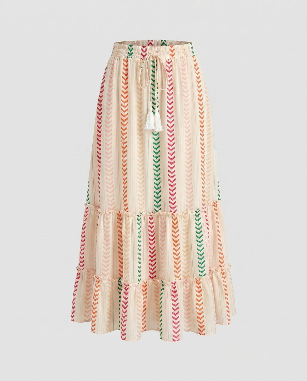 Women's maxi skirt with colorful boho pattern and playful ruffles - Chichicherry