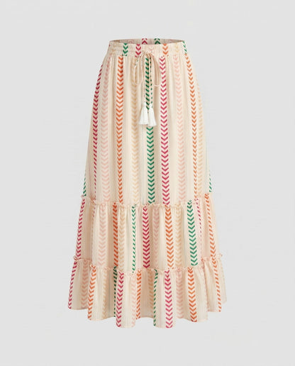 Women's maxi skirt with colorful boho pattern and playful ruffles - Chichicherry