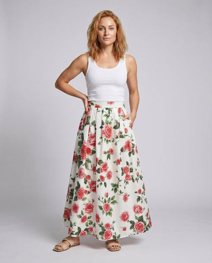 Women’s Maxi Skirt with Floral Design and Flared Cut - Chichicherry