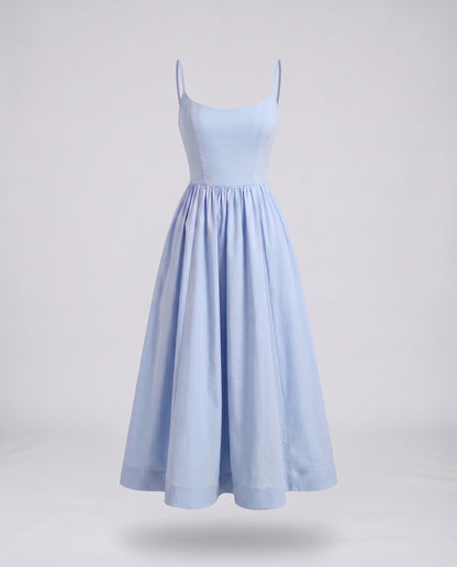 Women's Midi Bustier Dress Tailored Bodice Flared Skirt Spaghetti Straps - Blue colorway