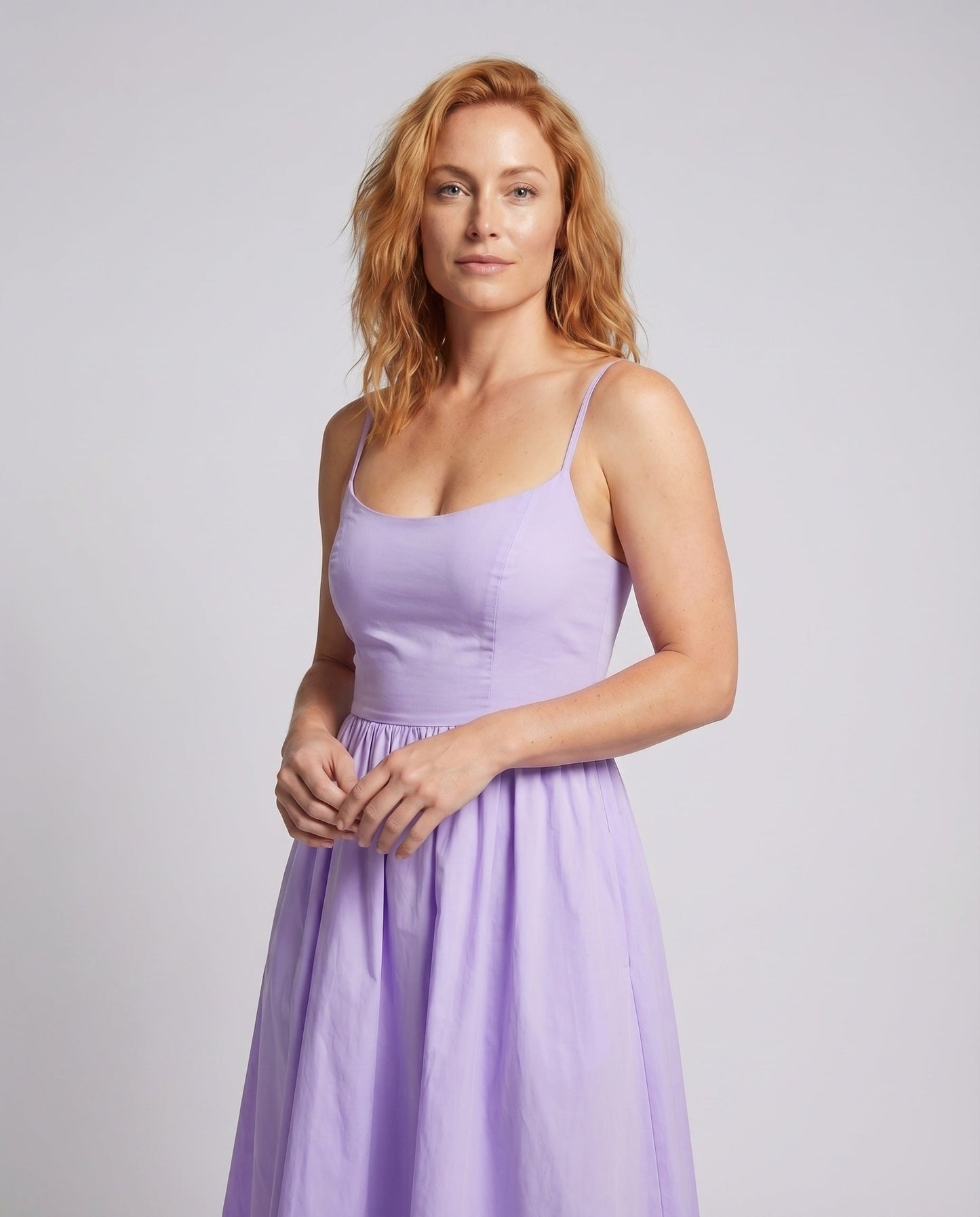 Women's Midi Bustier Dress Tailored Bodice Flared Skirt Spaghetti Straps - upper body detail