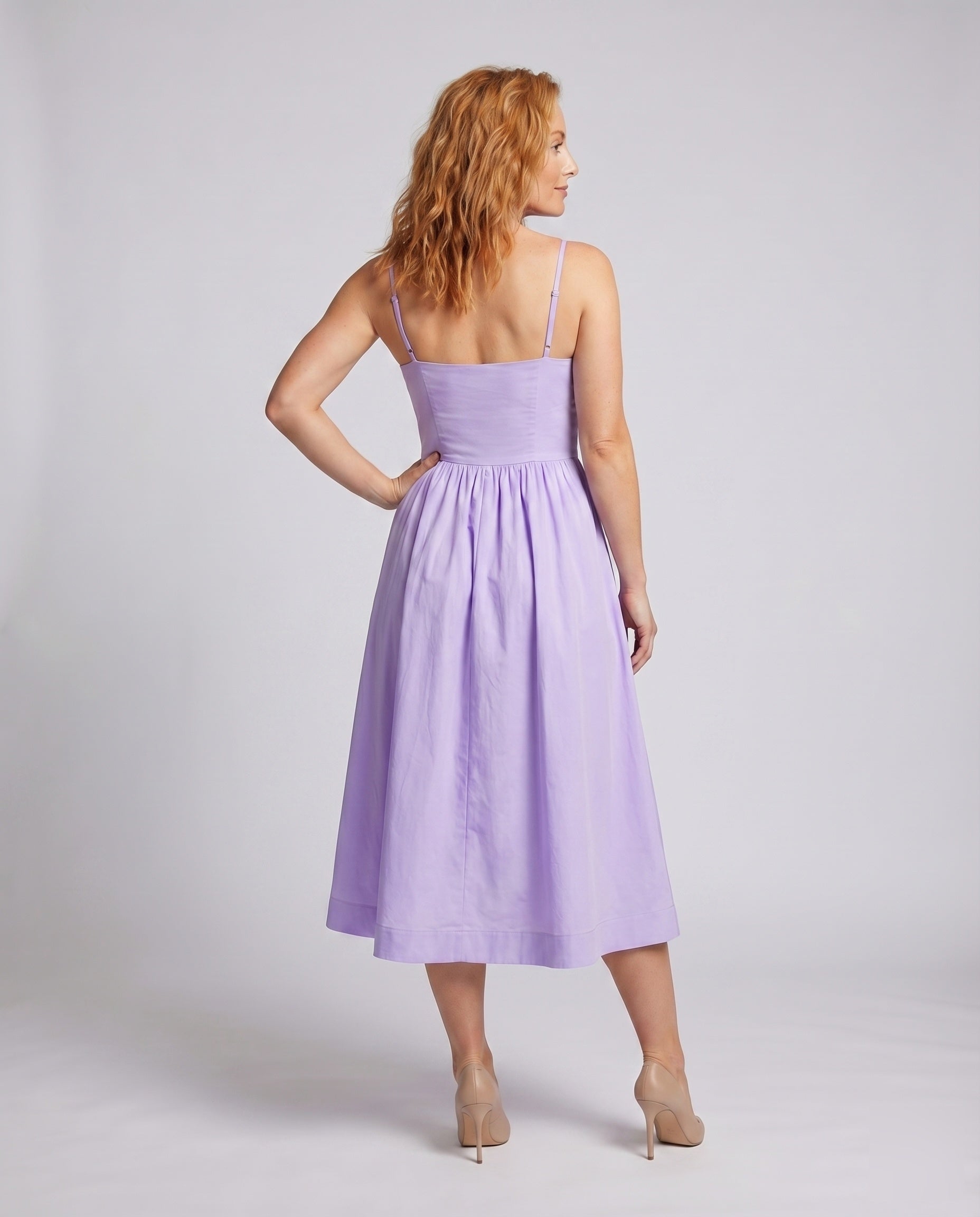 Women's Midi Bustier Dress Tailored Bodice Flared Skirt Spaghetti Straps - back view