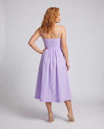 Women's Midi Bustier Dress Tailored Bodice Flared Skirt Spaghetti Straps - back view
