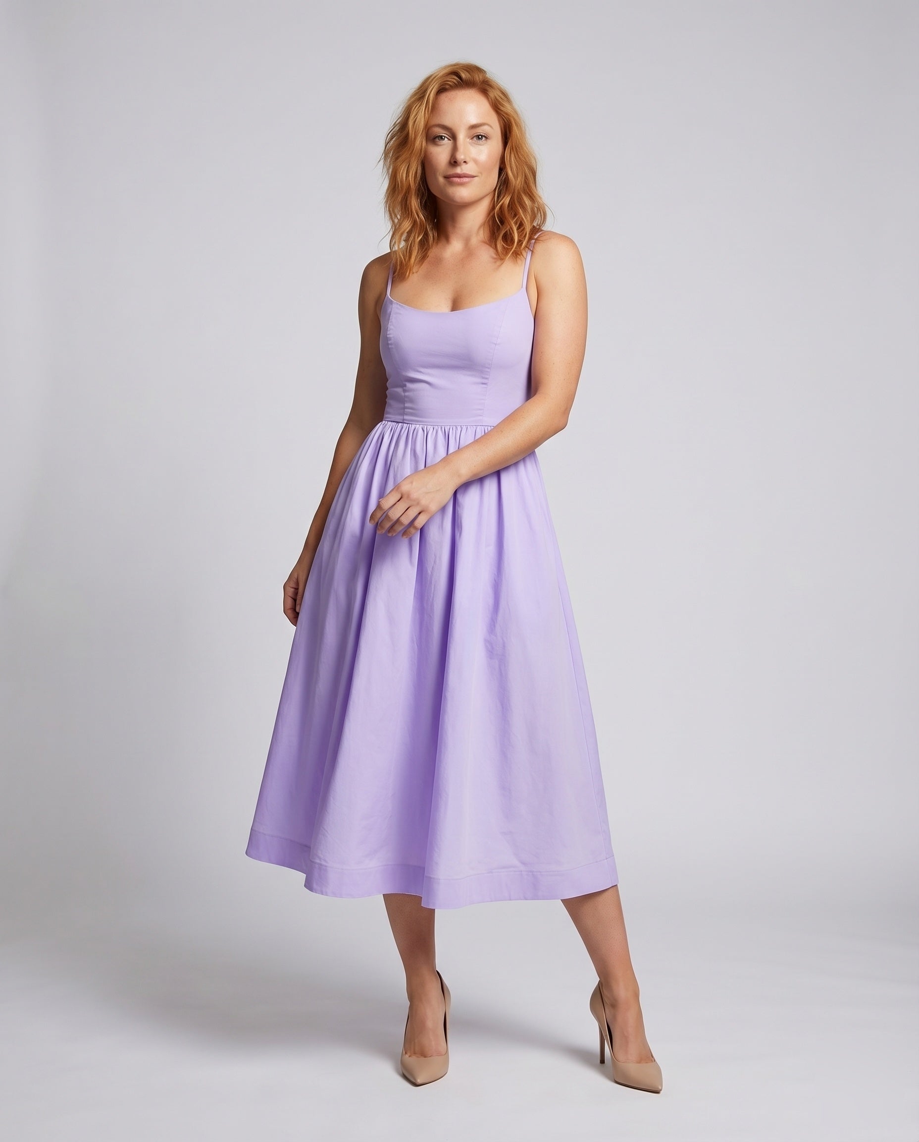 Women's Midi Bustier Dress Tailored Bodice Flared Skirt Spaghetti Straps - front view