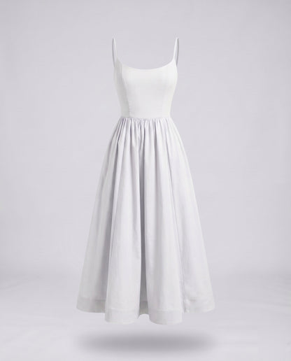 Women's Midi Bustier Dress Tailored Bodice Flared Skirt Spaghetti Straps - White colorway