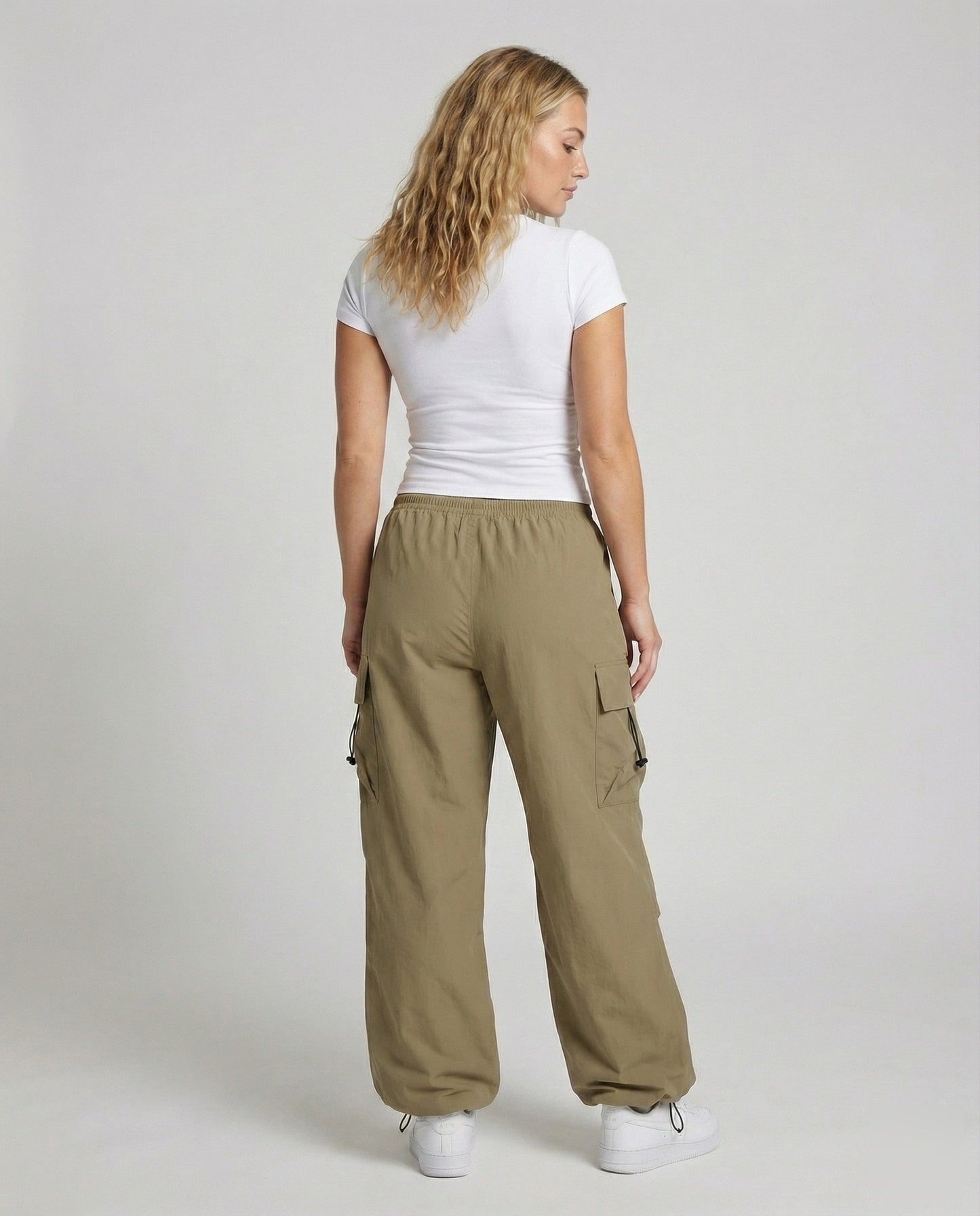 Women's Military Cord Closure Blended Fabric Balloon Cargo Pants - back view