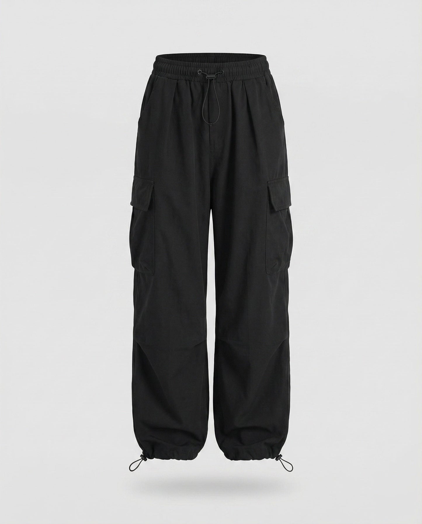 Women's Military Cord Closure Blended Fabric Balloon Cargo Pants - Black colorway
