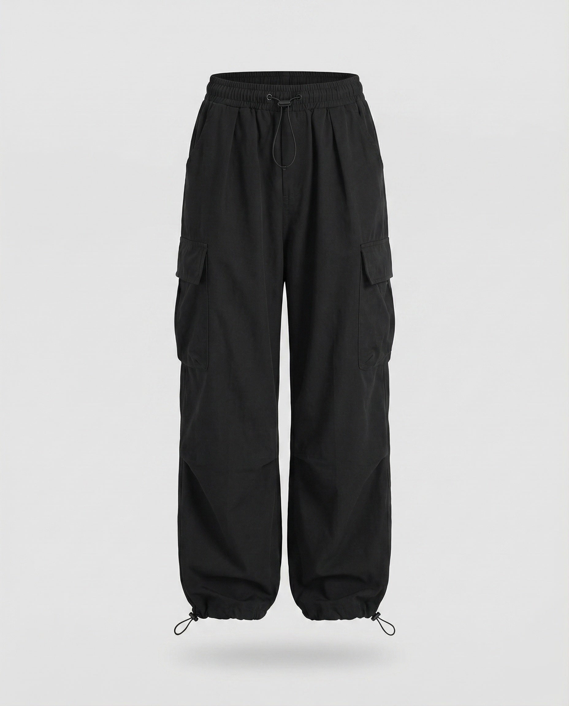 Women's Military Cord Closure Blended Fabric Balloon Cargo Pants - Black colorway