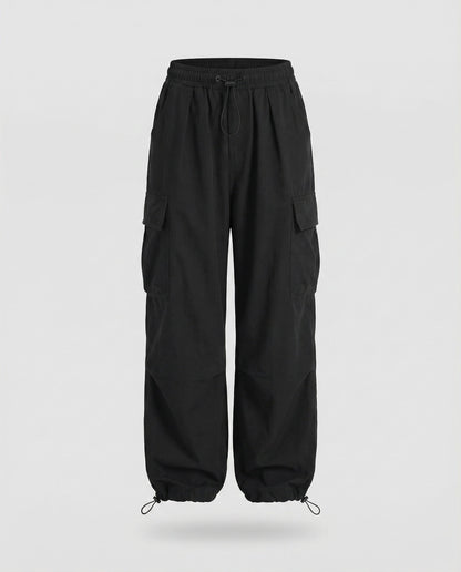 Women's Military Cord Closure Blended Fabric Balloon Cargo Pants - Black colorway