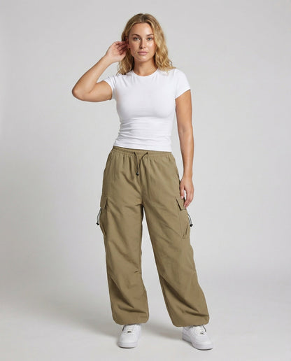 Women's Military Cord Closure Blended Fabric Balloon Cargo Pants - front view