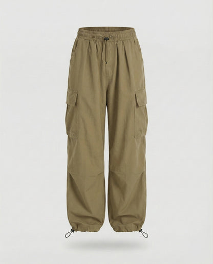 Women's Military Cord Closure Blended Fabric Balloon Cargo Pants - Khaki colorway