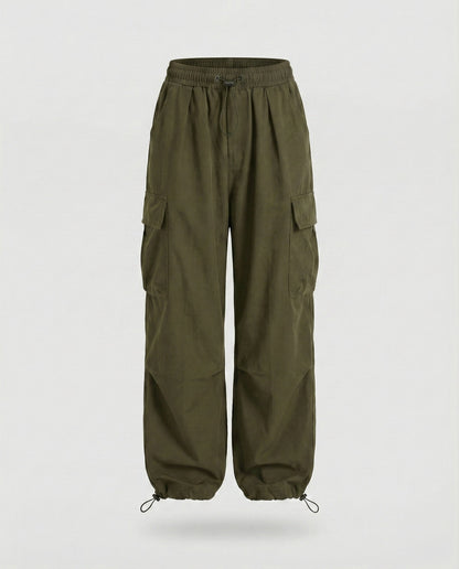 Women's Military Cord Closure Blended Fabric Balloon Cargo Pants - Olive colorway