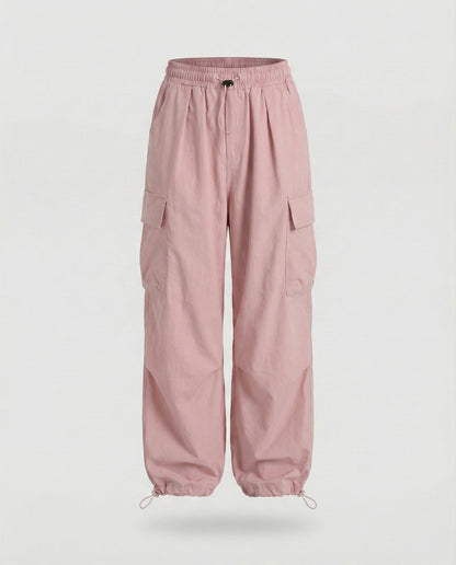 Women's Military Cord Closure Blended Fabric Balloon Cargo Pants - Pink colorway