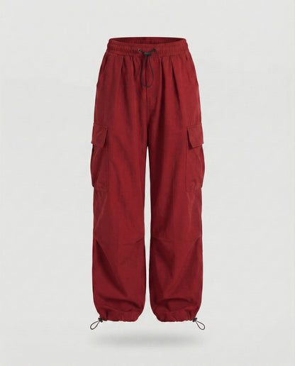 Women's Military Cord Closure Blended Fabric Balloon Cargo Pants - Red colorway