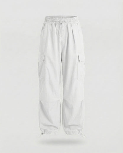 Women's Military Cord Closure Blended Fabric Balloon Cargo Pants - White colorway
