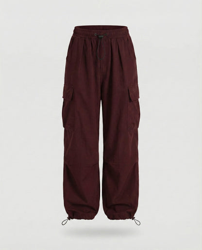 Women's Military Cord Closure Blended Fabric Balloon Cargo Pants - Wine Red colorway