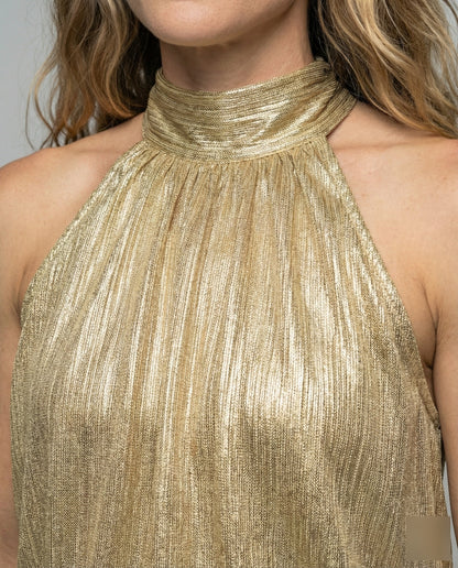 Women's Nano Pleated Halter Top with High Stand-up Collar and Fine Velvet Texture - close-up detail