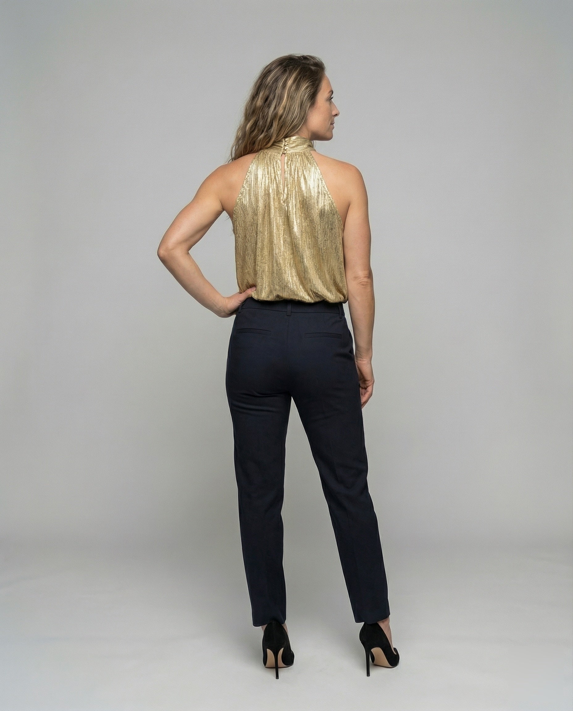 Women's Nano Pleated Halter Top with High Stand-up Collar and Fine Velvet Texture - back view