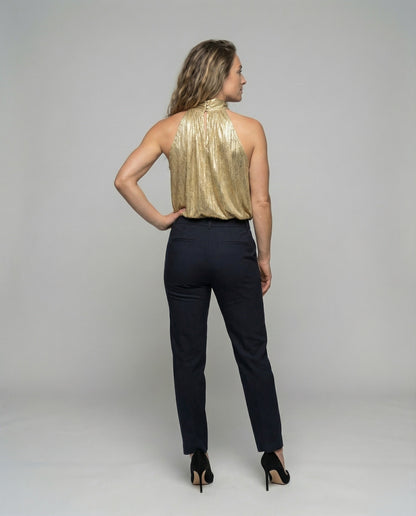 Women's Nano Pleated Halter Top with High Stand-up Collar and Fine Velvet Texture - back view