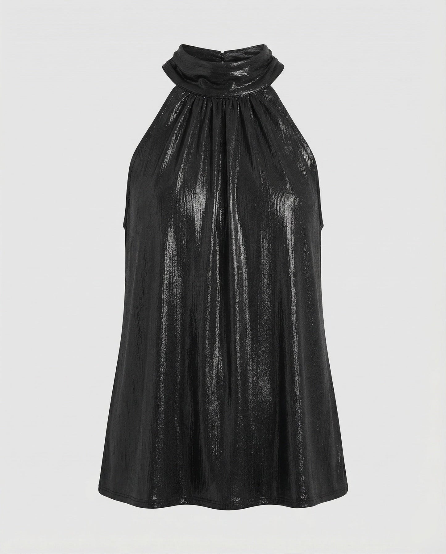 Women's Nano Pleated Halter Top with High Stand-up Collar and Fine Velvet Texture - Black colorway