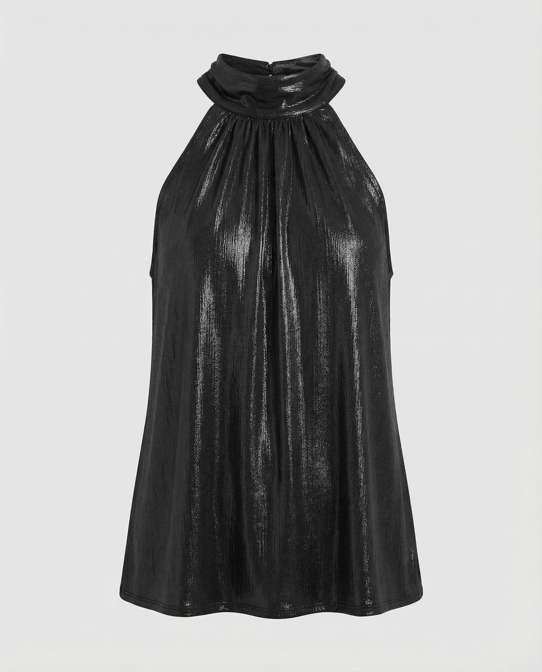 Women's Nano Pleated Halter Top with High Stand-up Collar and Fine Velvet Texture - Black colorway