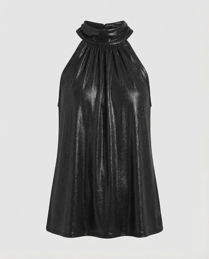 Women's Nano Pleated Halter Top with High Stand-up Collar and Fine Velvet Texture - Black colorway