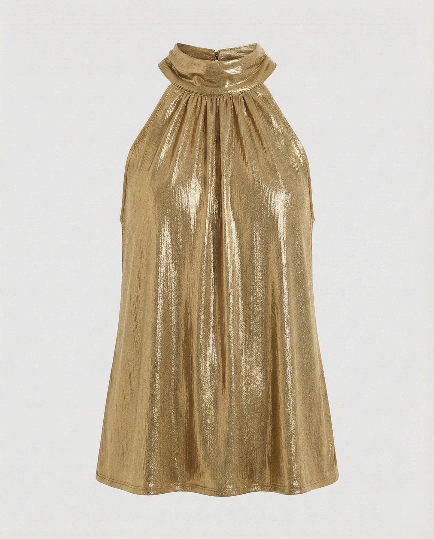 Women's Nano Pleated Halter Top with High Stand-up Collar and Fine Velvet Texture - Gold colorway