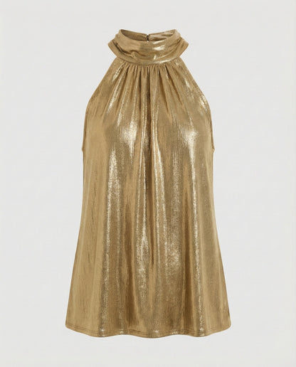 Women's Nano Pleated Halter Top with High Stand-up Collar and Fine Velvet Texture - Gold colorway