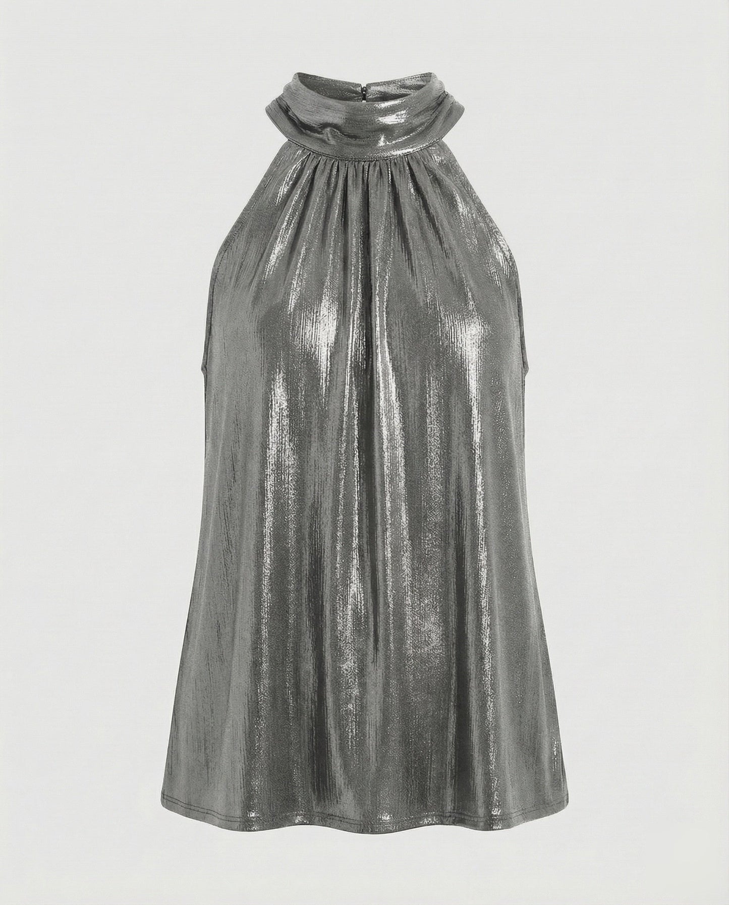 Women's Nano Pleated Halter Top with High Stand-up Collar and Fine Velvet Texture - Silver colorway