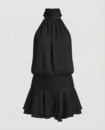 Women's Neck Scarf Mini Dress Pleated Top - Black colorway