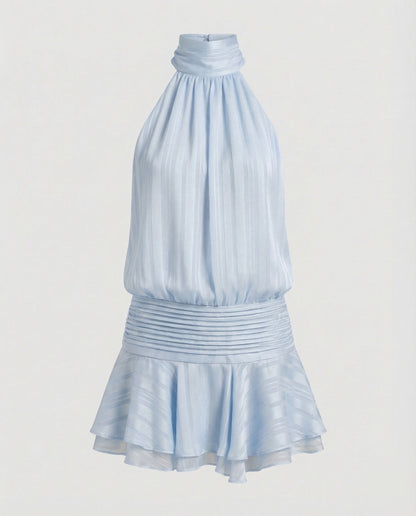 Women's Neck Scarf Mini Dress Pleated Top - Light Blue colorway