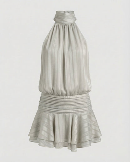 Women's Neck Scarf Mini Dress Pleated Top - Light Grey colorway