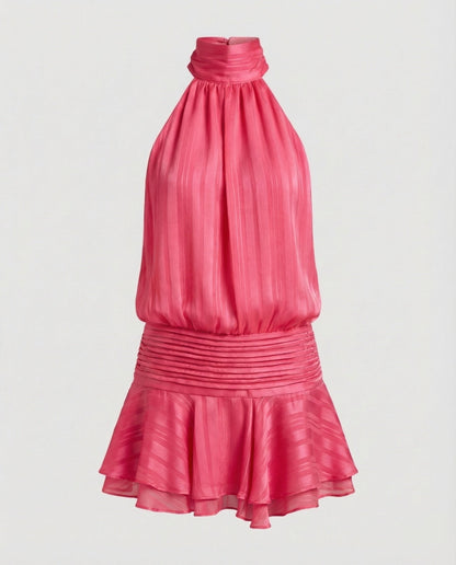 Women's Neck Scarf Mini Dress Pleated Top - Magenta colorway