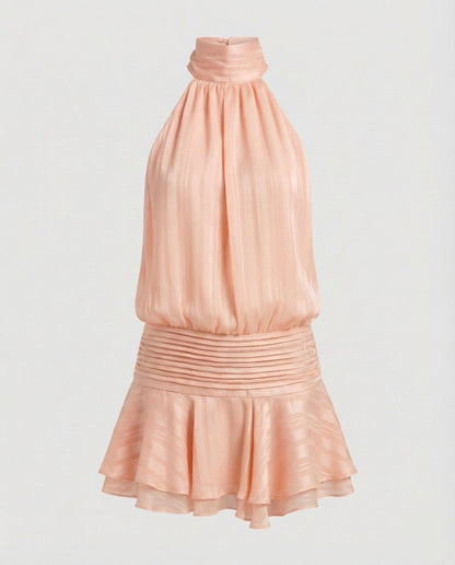 Women's Neck Scarf Mini Dress Pleated Top - Pink colorway