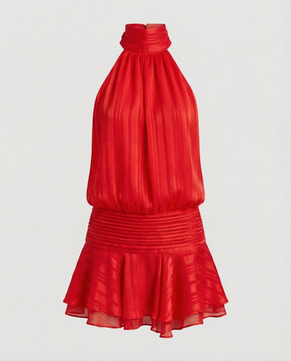 Women's Neck Scarf Mini Dress Pleated Top - Red colorway