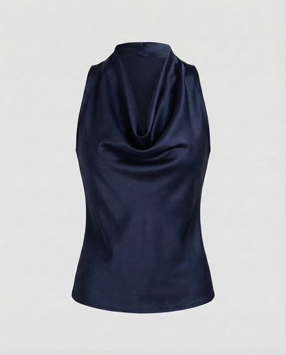Women's Neck Scarf Top Satin - Navy Blue colorway