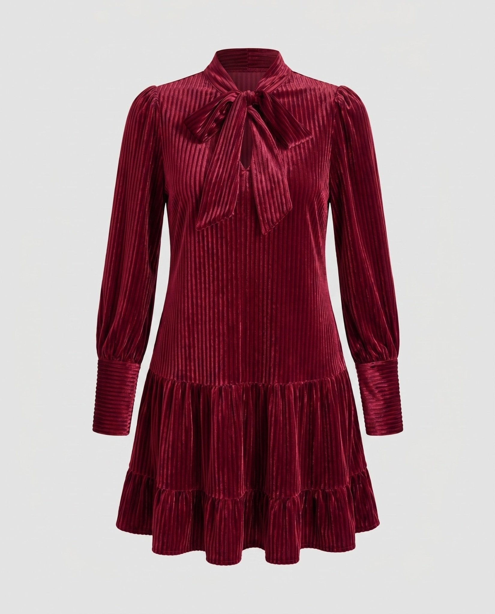 Women's pleated dress with elegant bow collar and ruffles - Chichicherry
