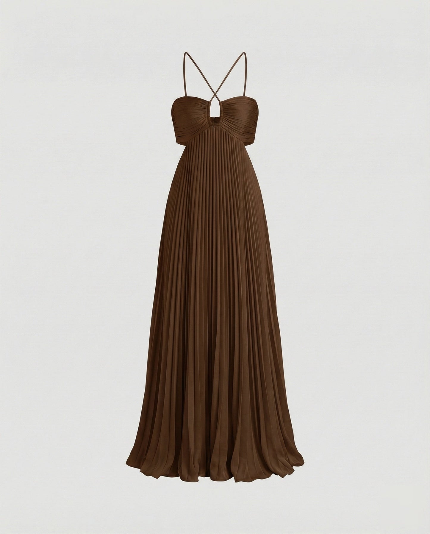 Women's Pleated Floor-length Maxi Dress with Cut-outs - Brown colorway