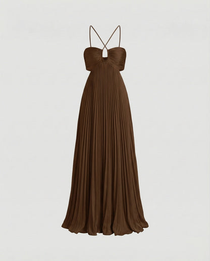 Women's Pleated Floor-length Maxi Dress with Cut-outs - Brown colorway