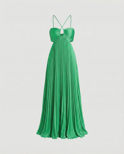 Women's Pleated Floor-length Maxi Dress with Cut-outs - Green colorway