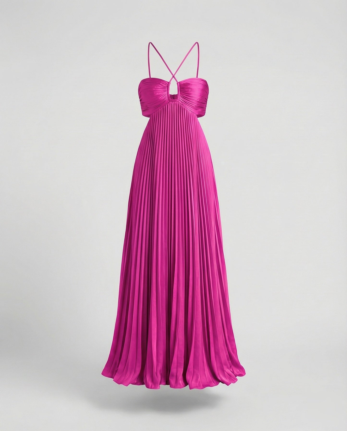 Women's Pleated Floor-length Maxi Dress with Cut-outs - Magenta colorway